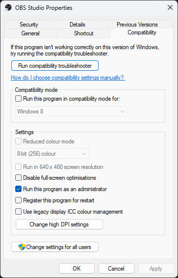 Always Run OBS as Administrator Always Run OBS as Administrator