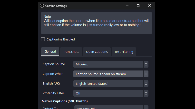 Caption When Caption Source is heard on stream - Closed Captions in OBS for Twitch Caption When Caption Source is heard on stream Closed Captions in OBS for Twitch