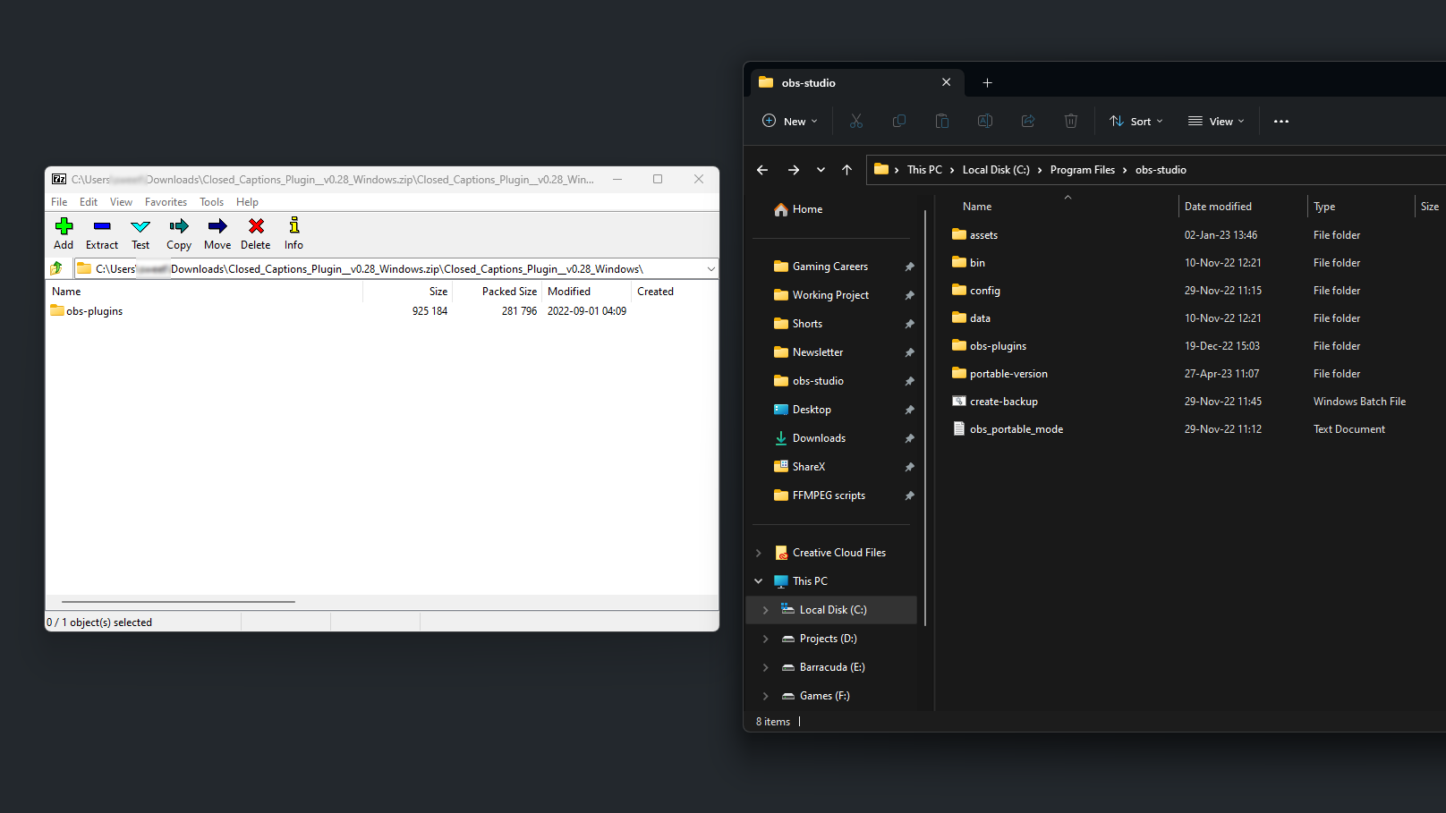 Extract the closed captions plugin into OBS folder Extract the closed captions plugin into OBS folder