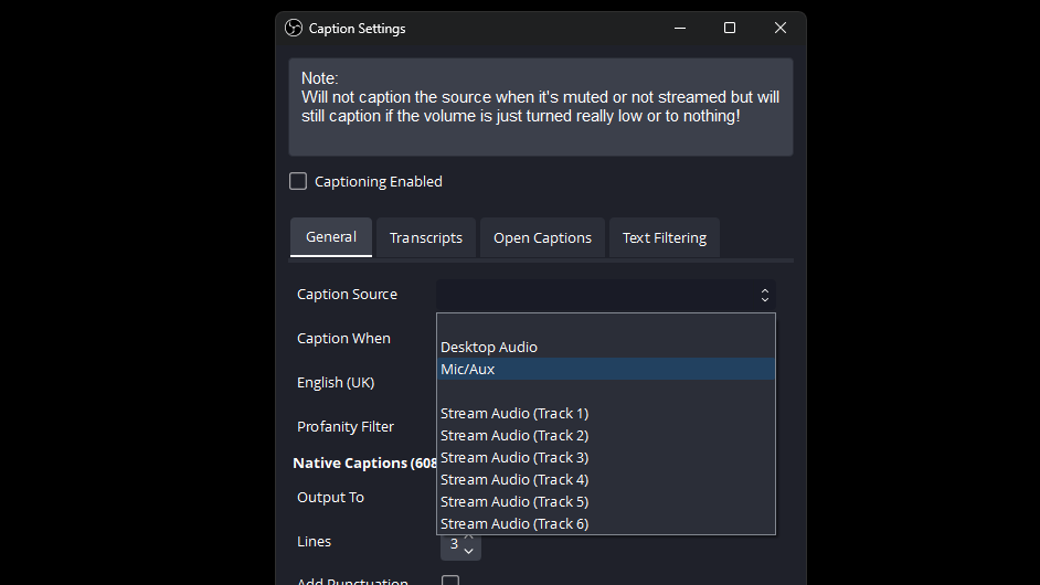 Select your microphone from the Caption Source dropdown - Adding Closed Captions in OBS Select your microphone from the Caption Source dropdown Adding Closed Captions in OBS