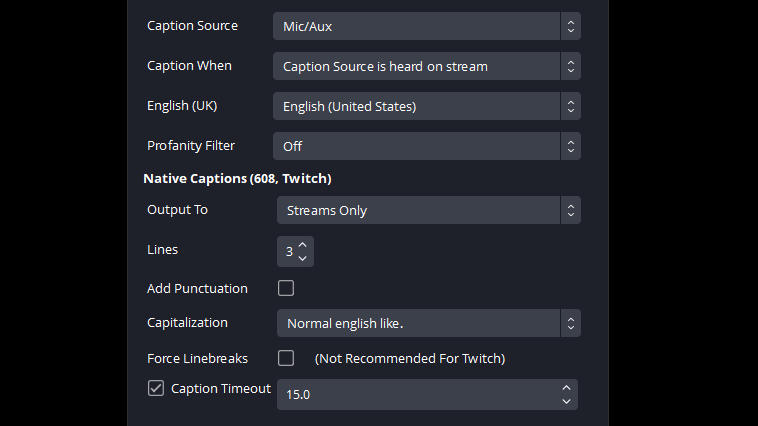 Settings for Closed Captions Plugin for OBS - Twitch Settings for Closed Captions Plugin for OBS Twitch